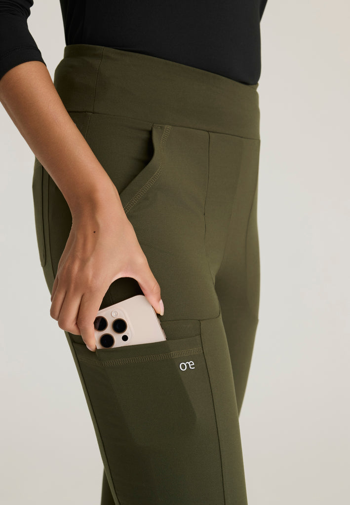 Detail Shot of the Strive Legging in Olive from Barco One Performance Knit