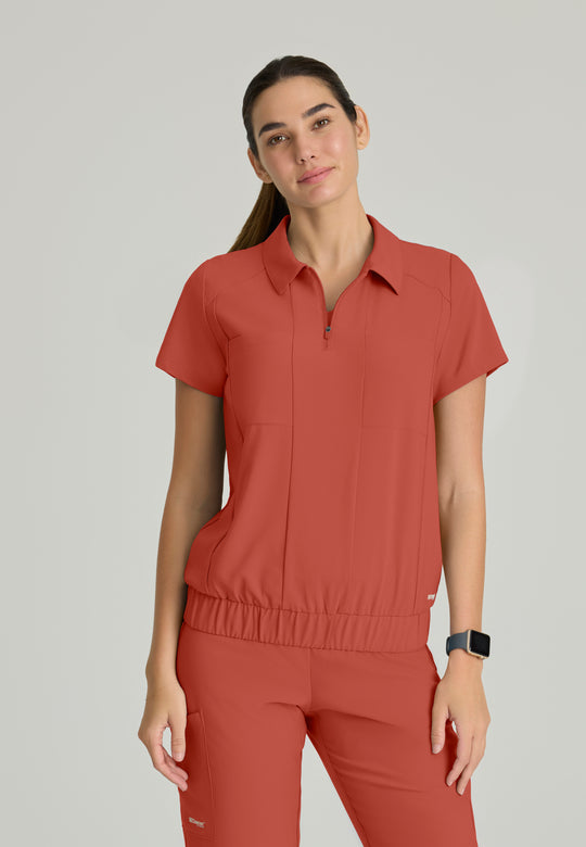 Perseverance 2-Pocket Zip Neck Banded Waist Top