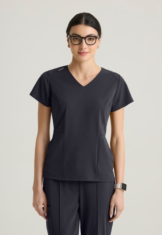Spring Women's 3-Pocket Classic V-Neck Back Waist Detail Top